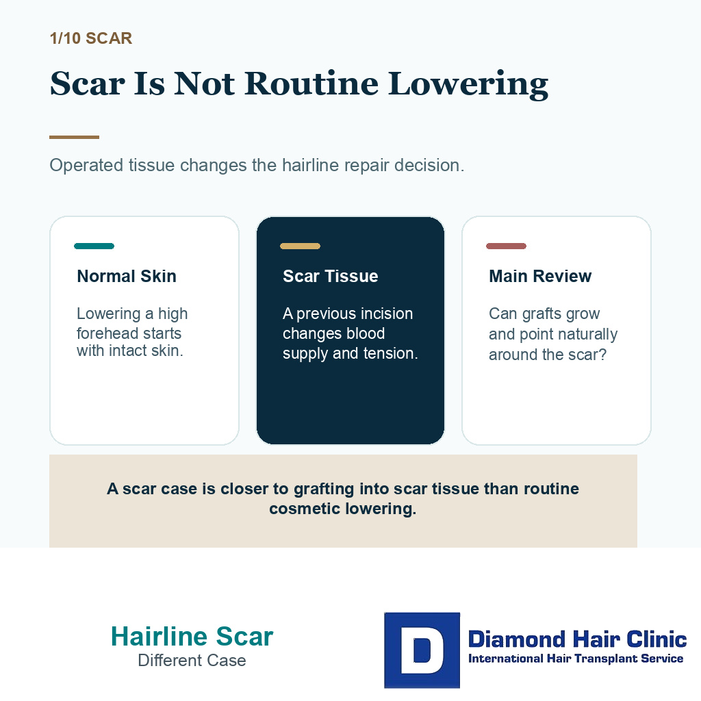 Hairline advancement scar repair carousel slide 1 explaining scar is not routine lowering