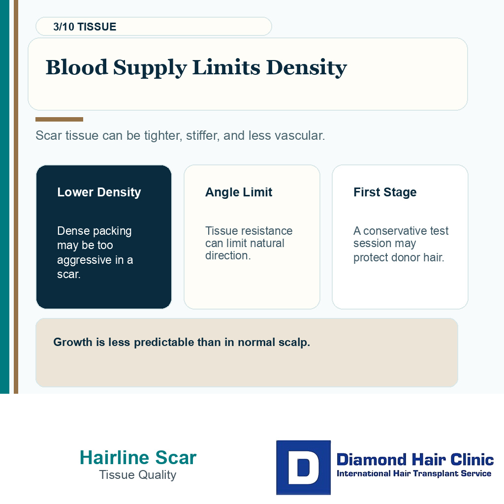 Hairline advancement scar repair carousel slide 3 explaining blood supply limits density