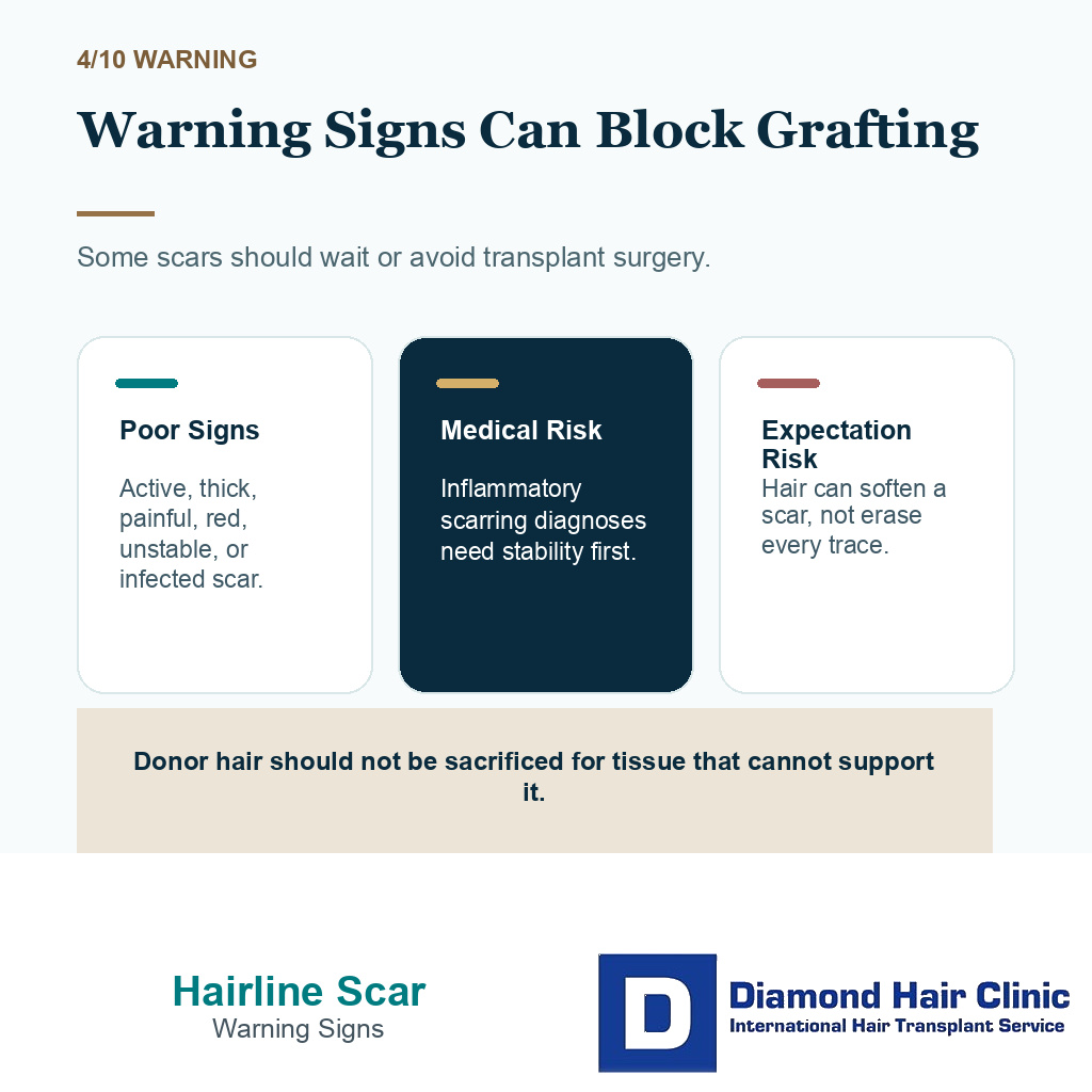 Hairline advancement scar repair carousel slide 4 explaining warning signs can block grafting