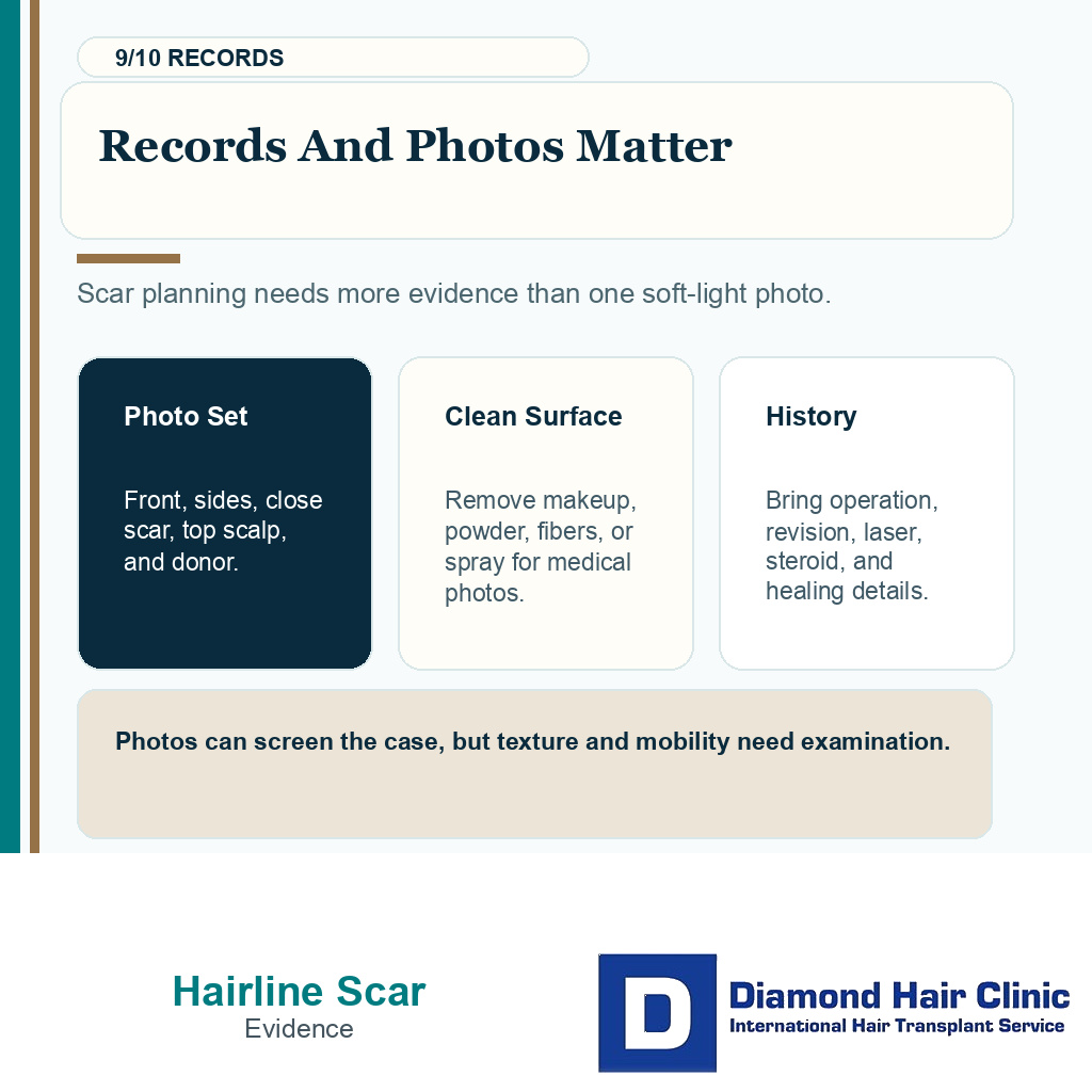 Hairline advancement scar repair carousel slide 9 explaining records and photos matter