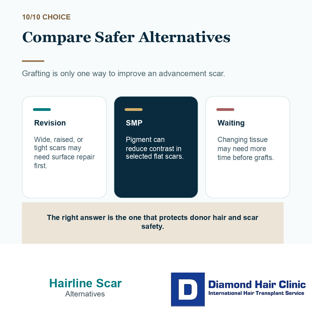 Hairline advancement scar repair carousel slide 10 explaining compare safer alternatives
