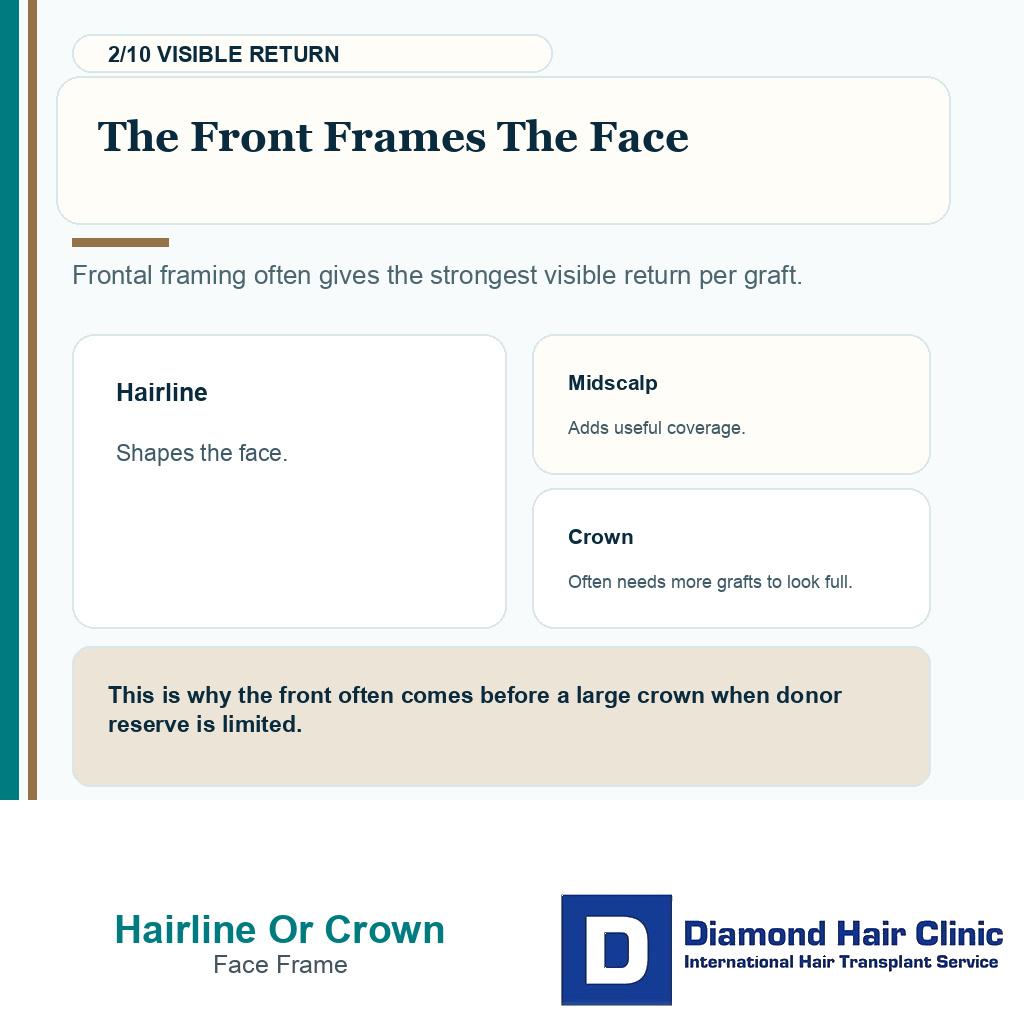 Hairline or crown priority carousel slide 2 explaining the front frames the face