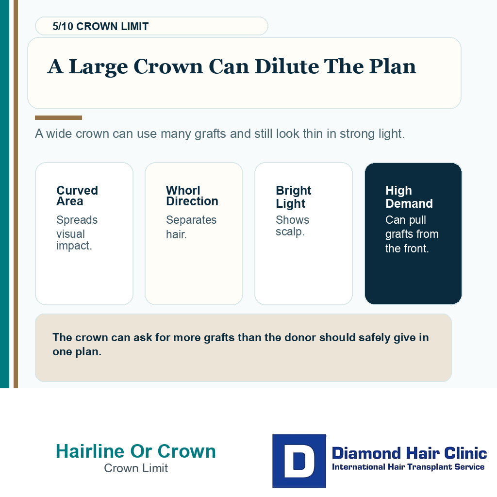 Hairline or crown priority carousel slide 5 explaining a large crown can dilute the plan