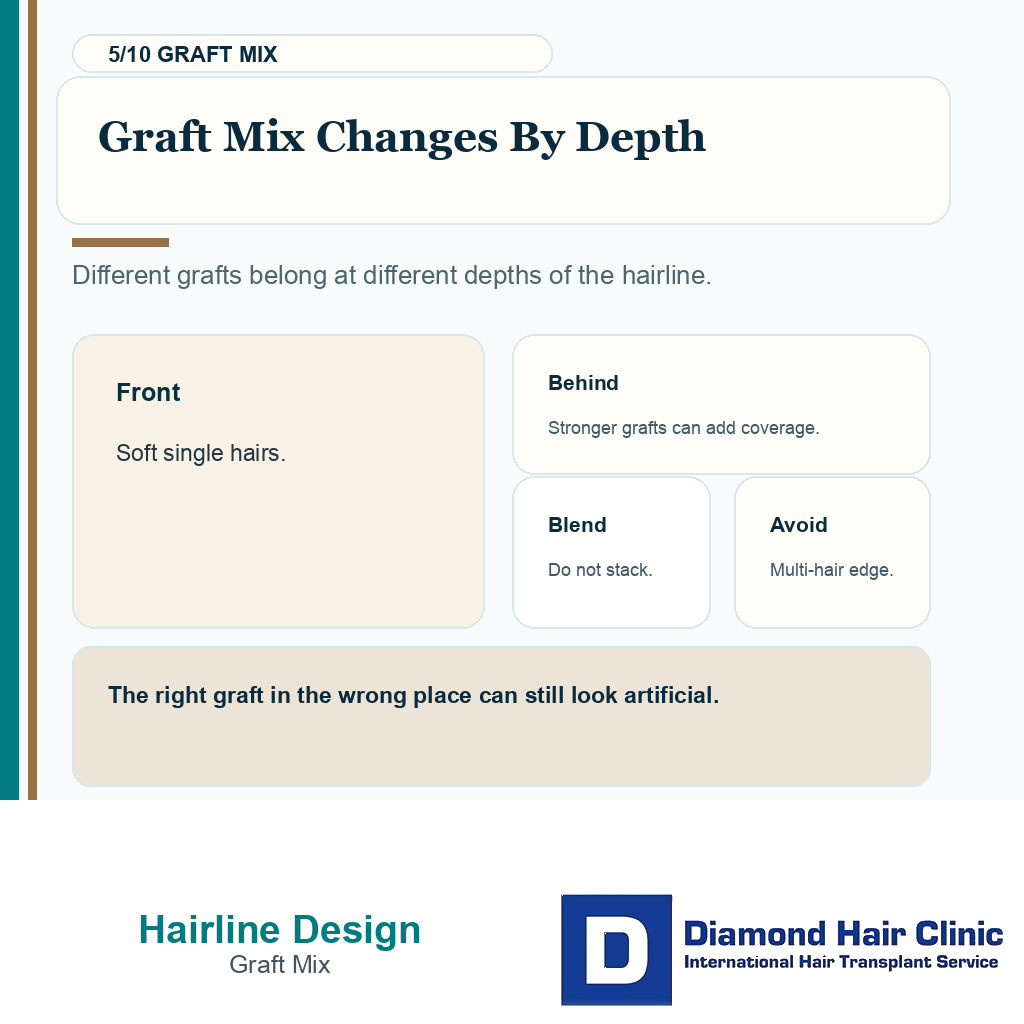 Hairline design planning carousel slide 5 explaining graft mix by depth