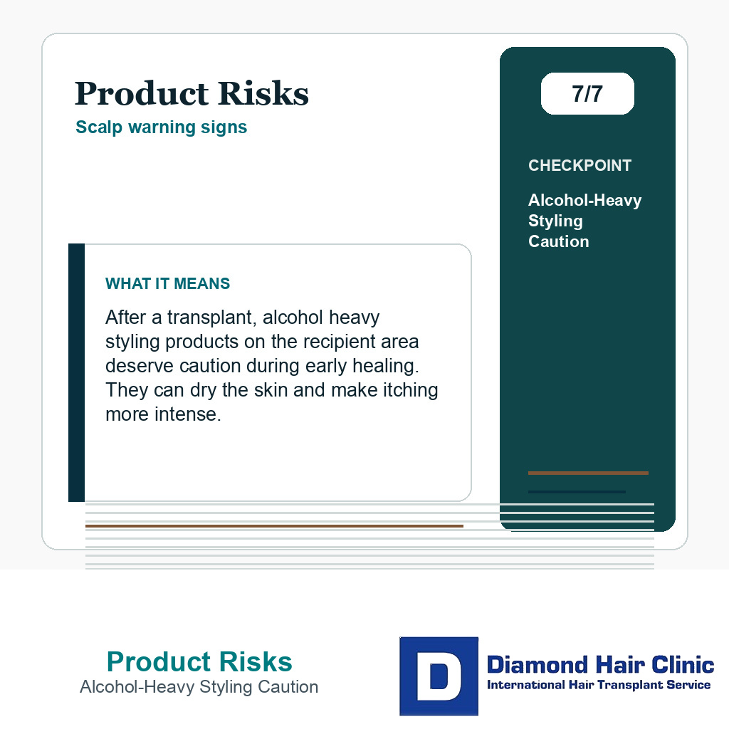 Product Risks carousel slide about alcohol heavy styling caution