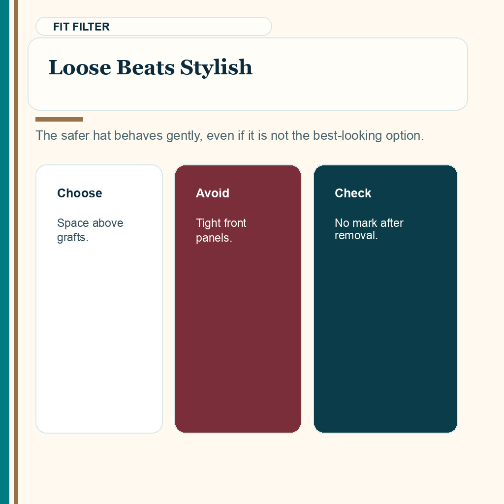 Headwear timing slide 3 explaining loose clean fit matters more than style after hair transplant