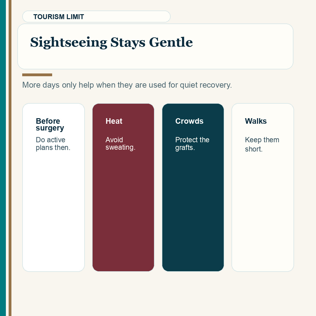 Turkey stay length slide explaining that sightseeing after hair transplant should stay gentle