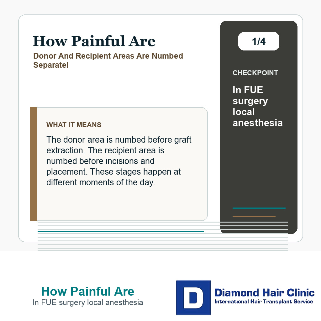 Slide explaining that local anesthesia is staged during FUE