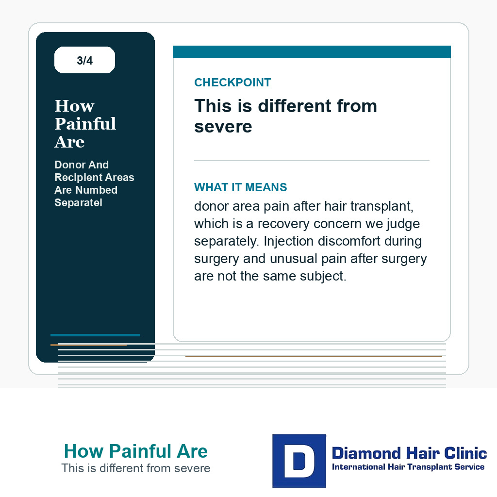 Slide explaining that brief injection discomfort is different from severe donor pain after surgery