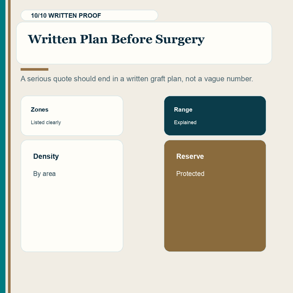 Hair transplant graft quote planning slide 10 explaining written plan before surgery