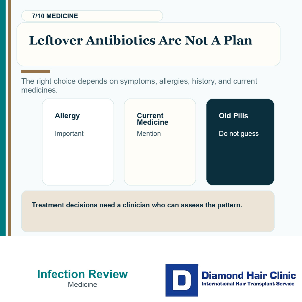 Infection warning carousel slide 7 explaining antibiotics need clinician choice