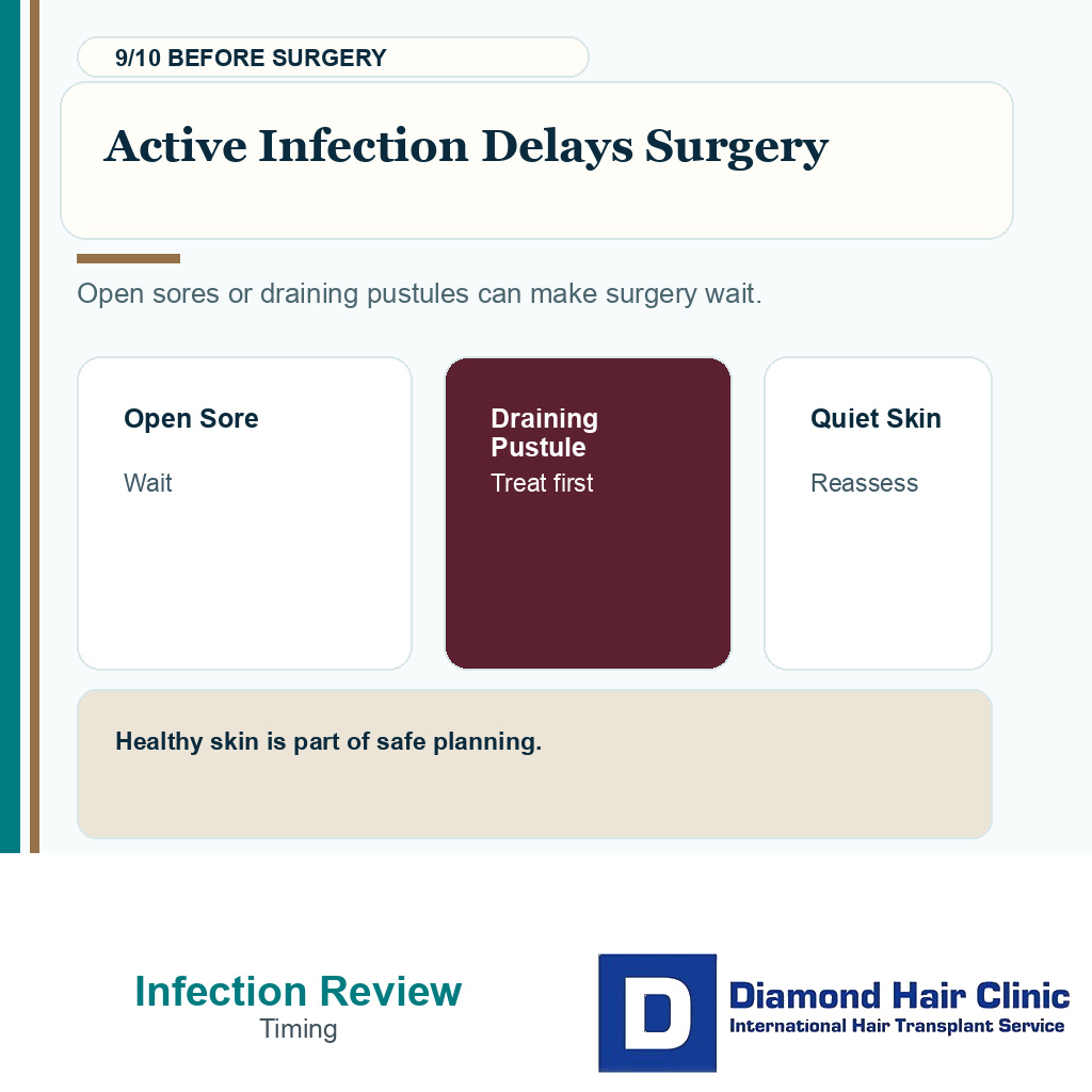 Infection warning carousel slide 9 explaining active infection delays surgery