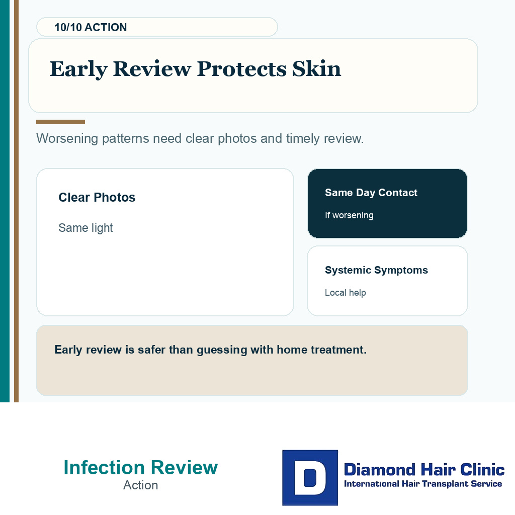 Infection warning carousel slide 10 explaining early review protects skin