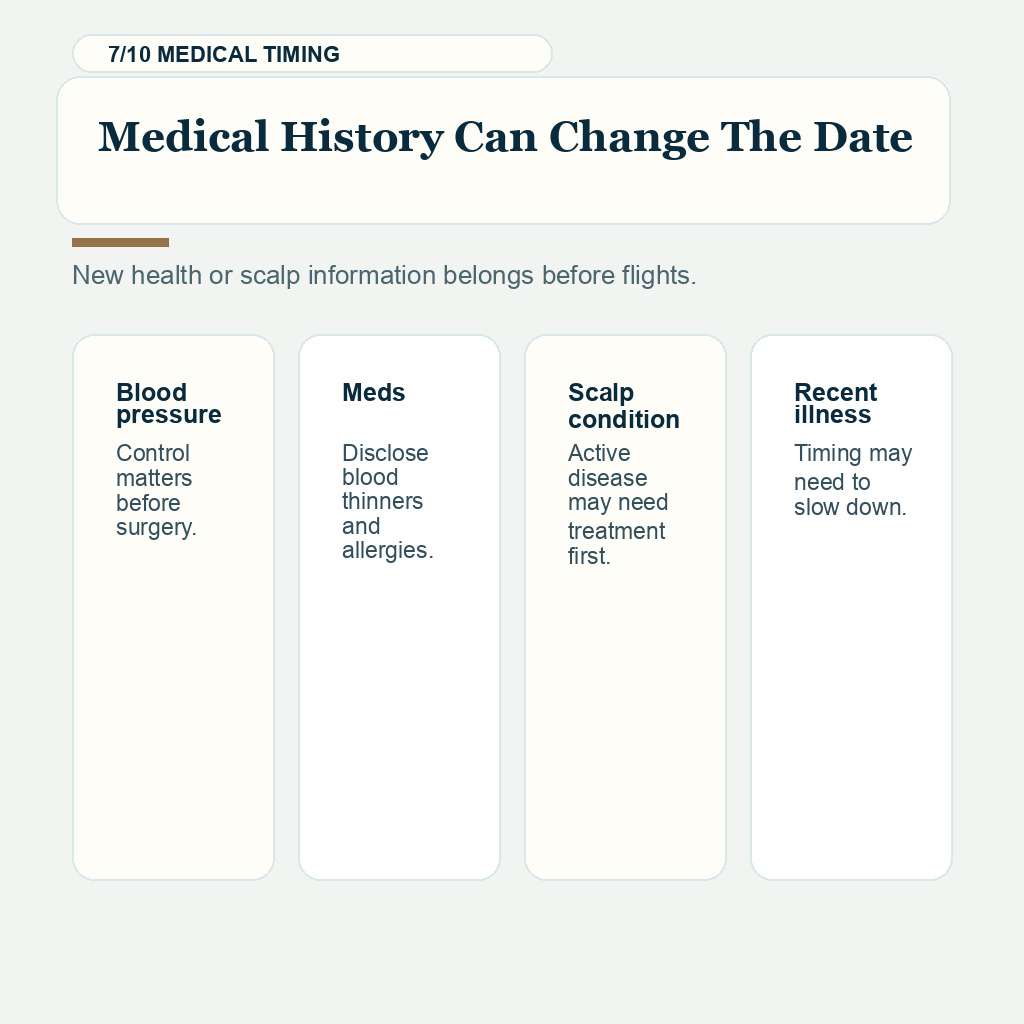 Slide explaining why health history and timing can delay surgery