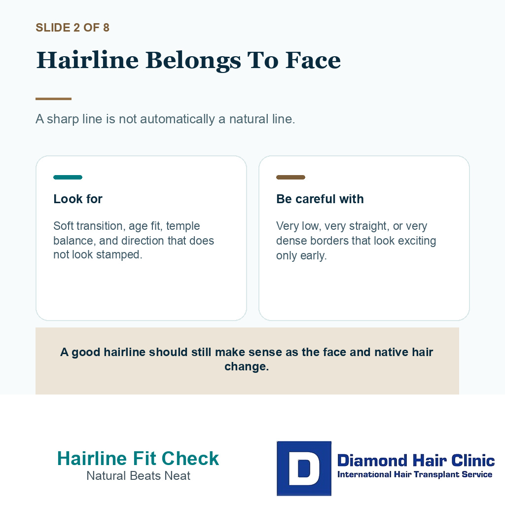 Result review slide about natural hairline shape and age appropriate planning