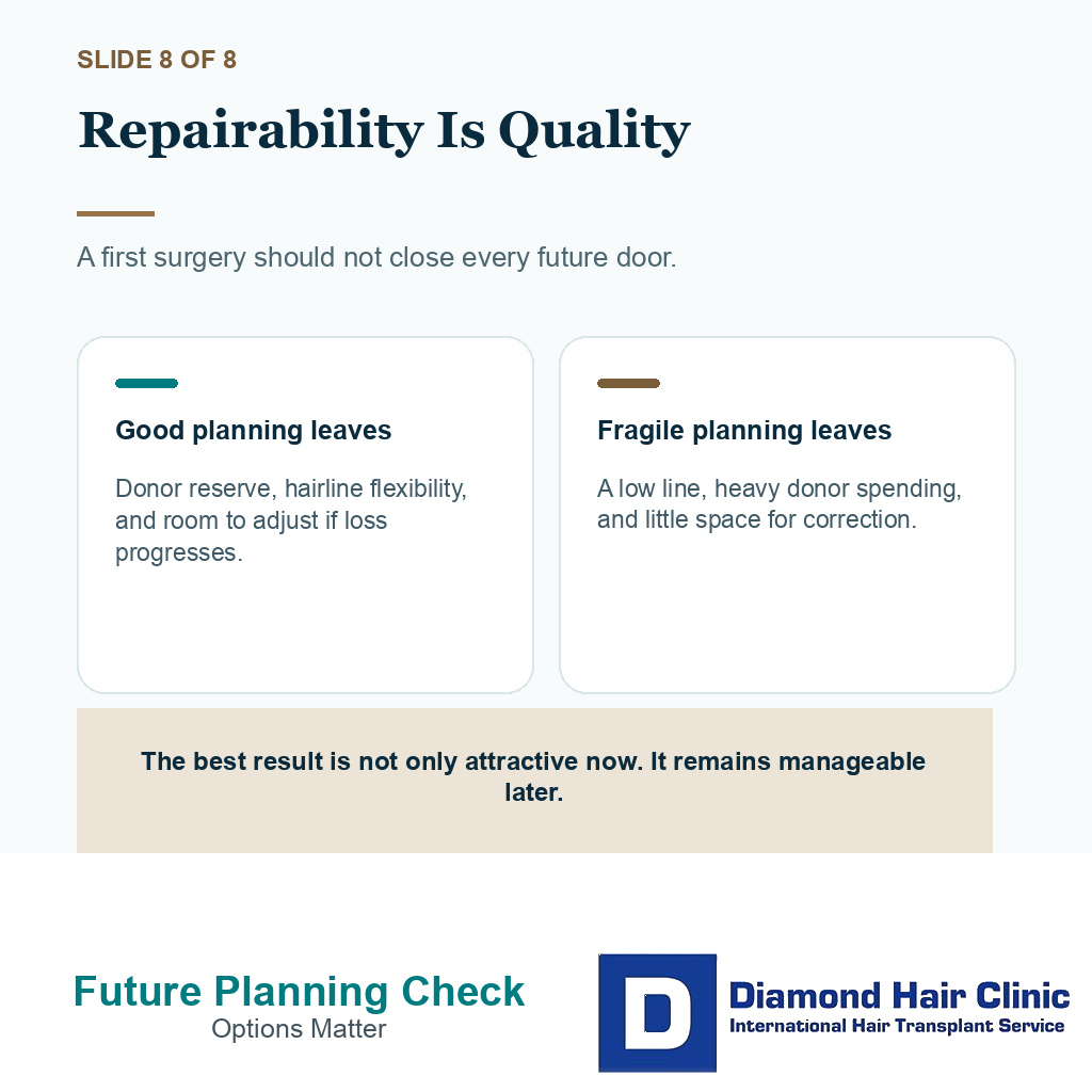 Result review slide about repairability and long term hair transplant planning