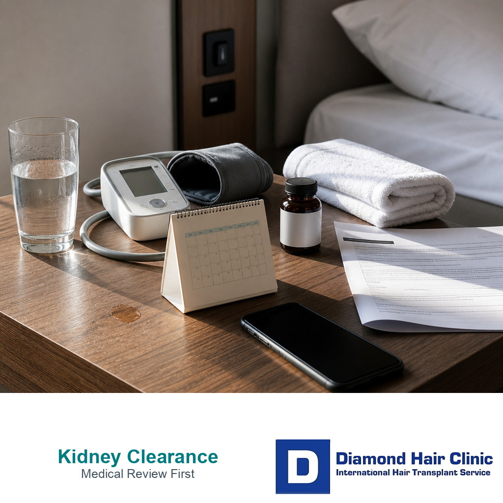 Blood pressure cuff and recovery clearance objects for kidney disease hair transplant planning