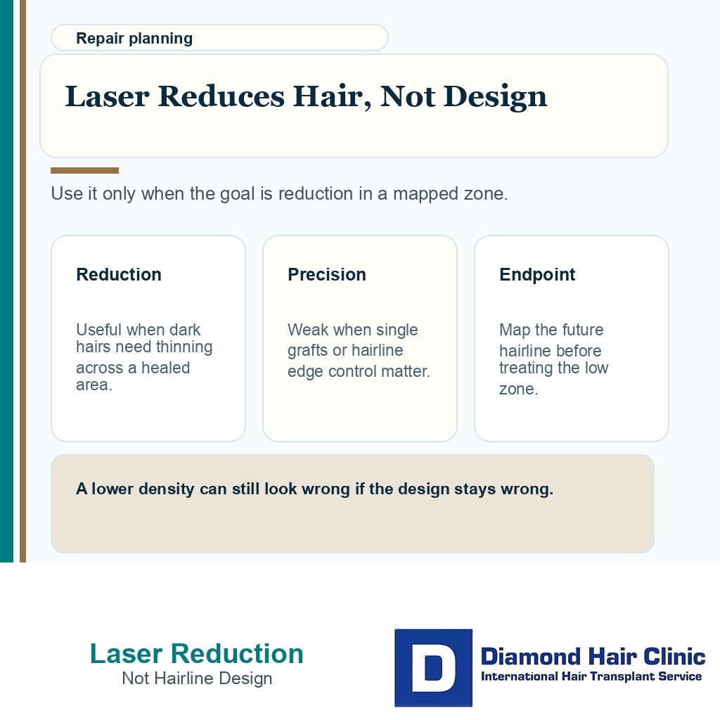 Information card explaining that laser can reduce transplanted hair but cannot redesign a hairline by itself