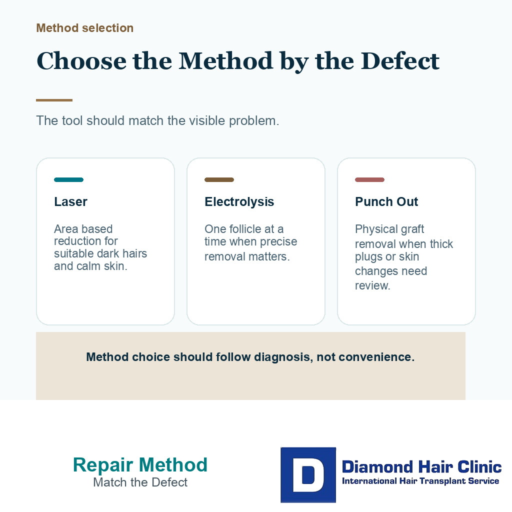 Information card comparing laser electrolysis and FUE punch out for unwanted transplanted hair