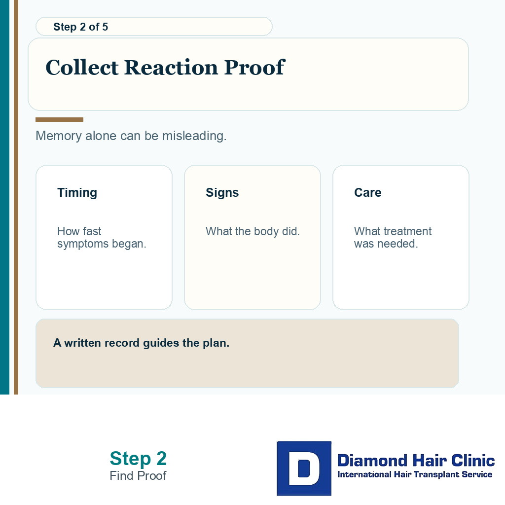 Carousel slide showing records to collect for suspected local anesthetic allergy before FUE