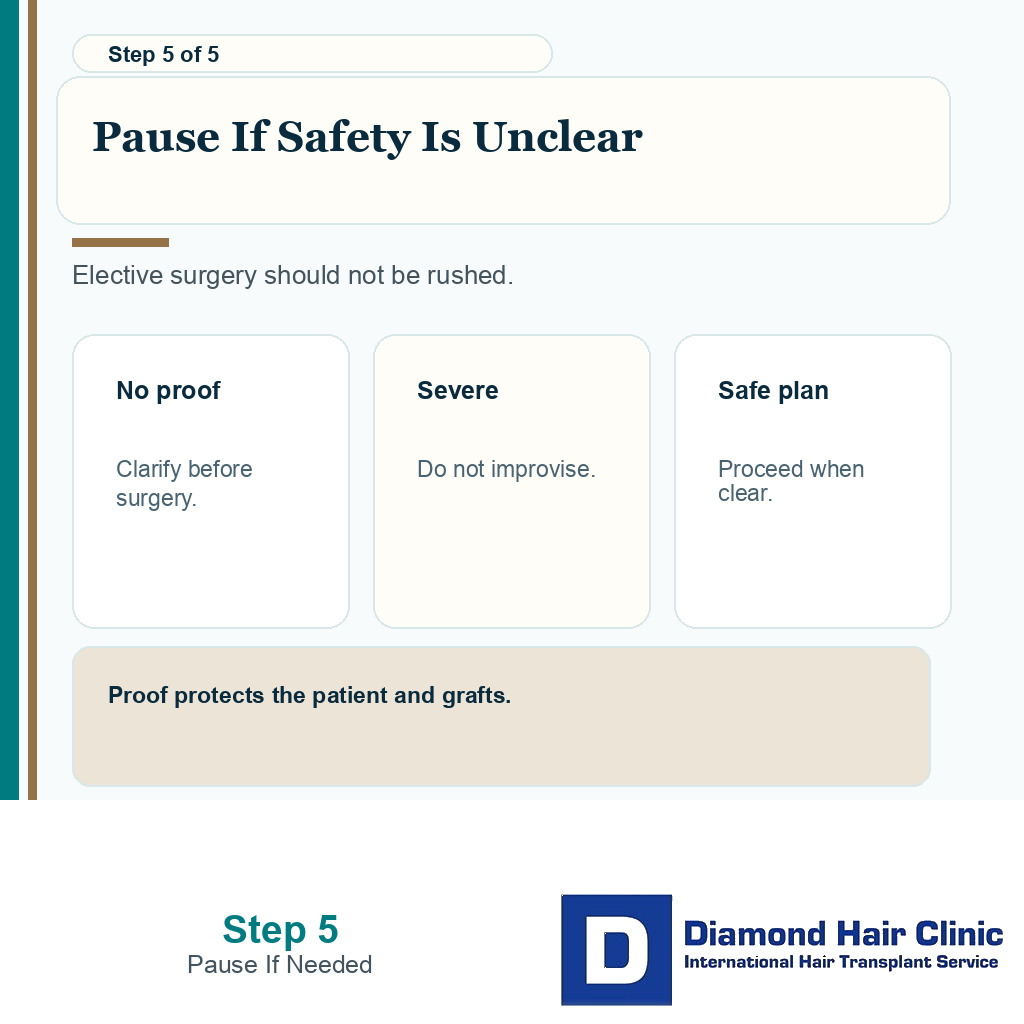 Carousel slide showing surgery should pause when anesthetic safety is not clear before hair transplant