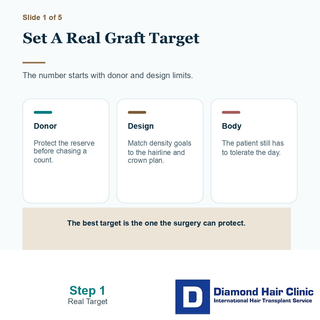 Carousel slide about setting a realistic graft target before a long FUE session