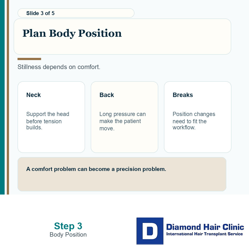 Carousel slide about body position planning for a long FUE procedure