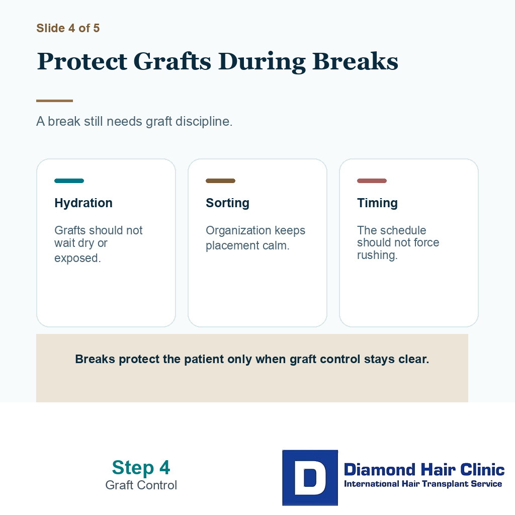 Carousel slide about graft handling control during breaks in a long hair transplant