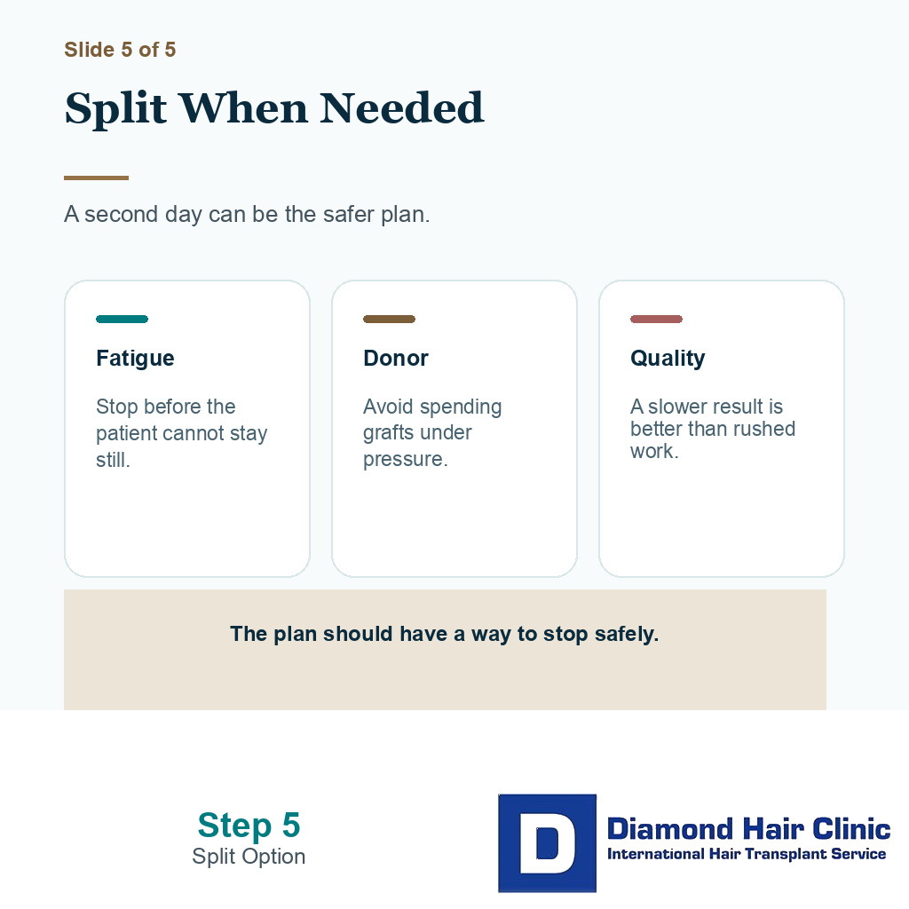 Carousel slide about splitting a long FUE session when safety or quality needs more time