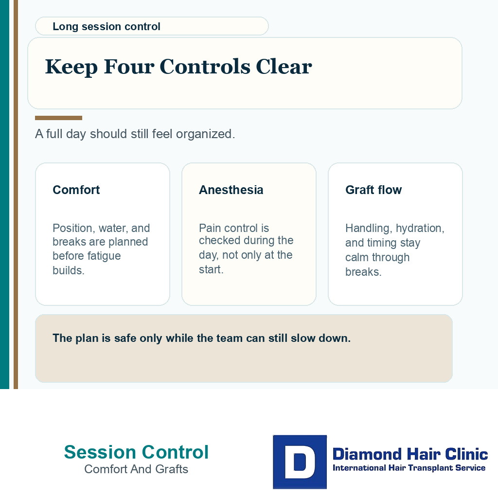 Information card showing what must stay controlled during a long FUE hair transplant session