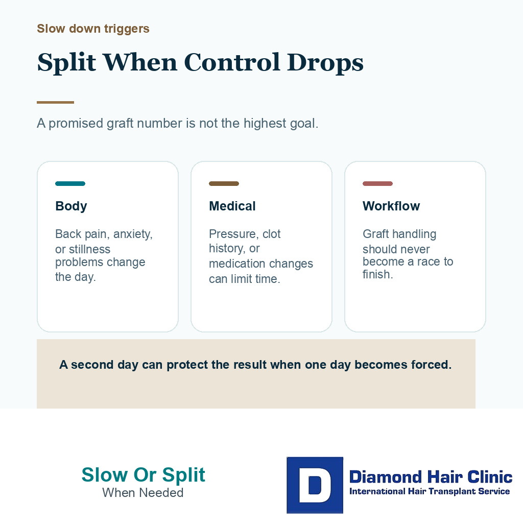 Information card explaining when a long FUE hair transplant session should slow down or split