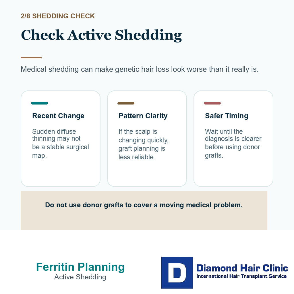 Low ferritin and anemia carousel slide explaining why active shedding should be checked before using donor grafts