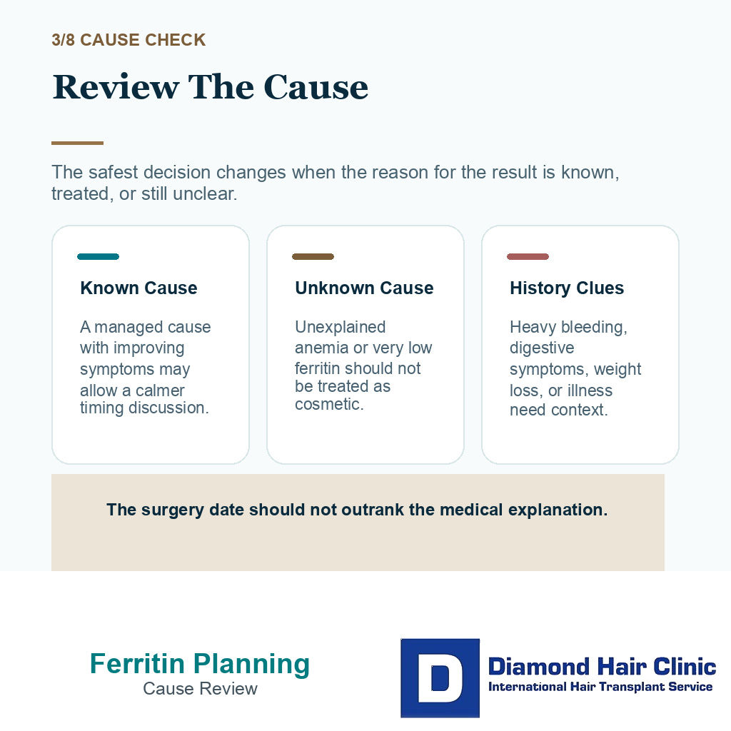 Low ferritin and anemia carousel slide explaining why the cause of low blood results should be reviewed before hair transplant surgery