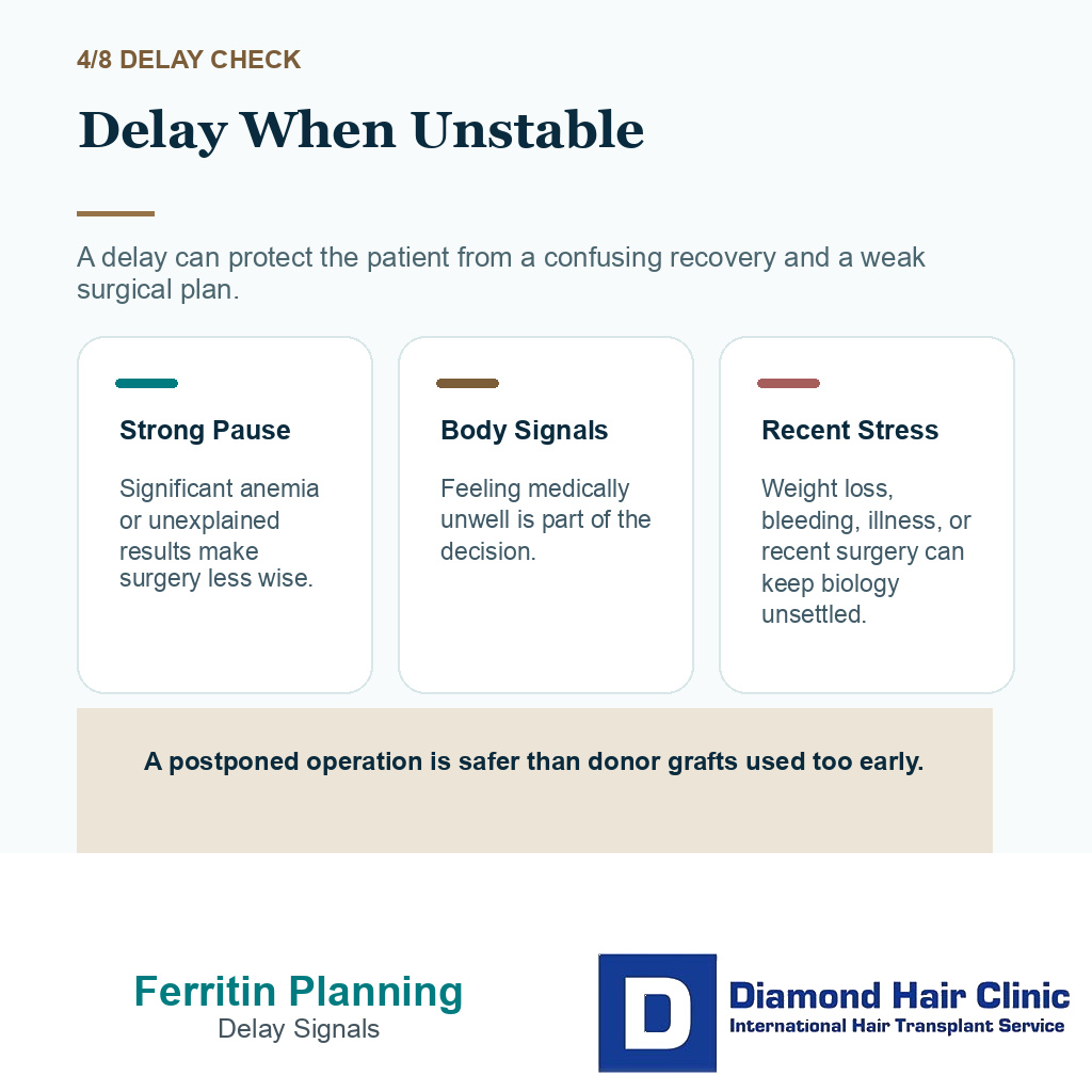 Low ferritin and anemia carousel slide listing instability signs that can delay hair transplant surgery