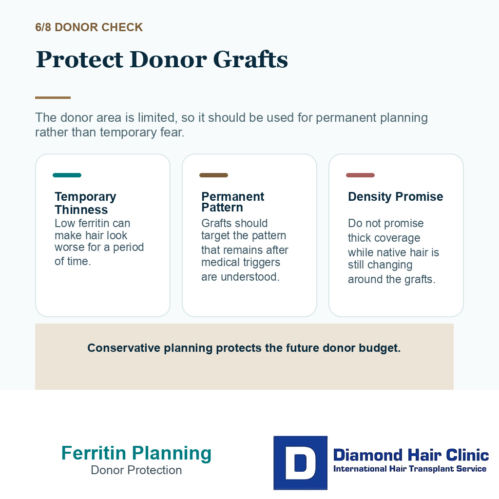 Low ferritin and anemia carousel slide explaining why donor grafts should not be used for temporary thinning