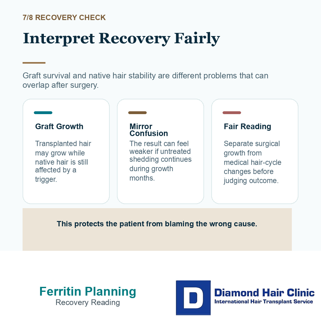 Low ferritin and anemia carousel slide explaining how native hair shedding can confuse hair transplant recovery interpretation