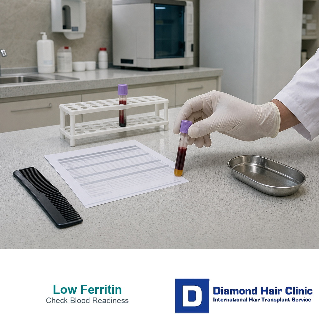 Blood sample tubes and lab sheet for checking low ferritin before hair transplant surgery