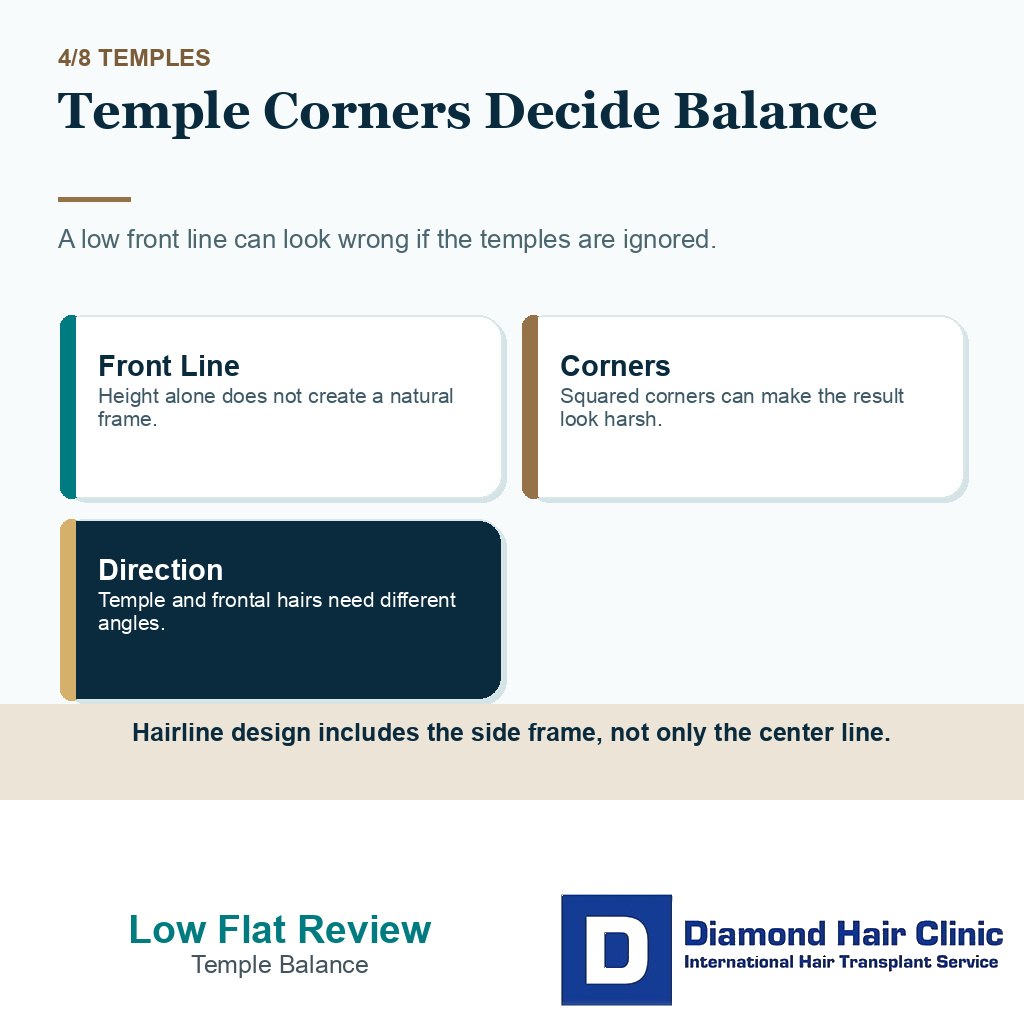 Low flat hairlines carousel slide 4 explaining temple corners decide balance