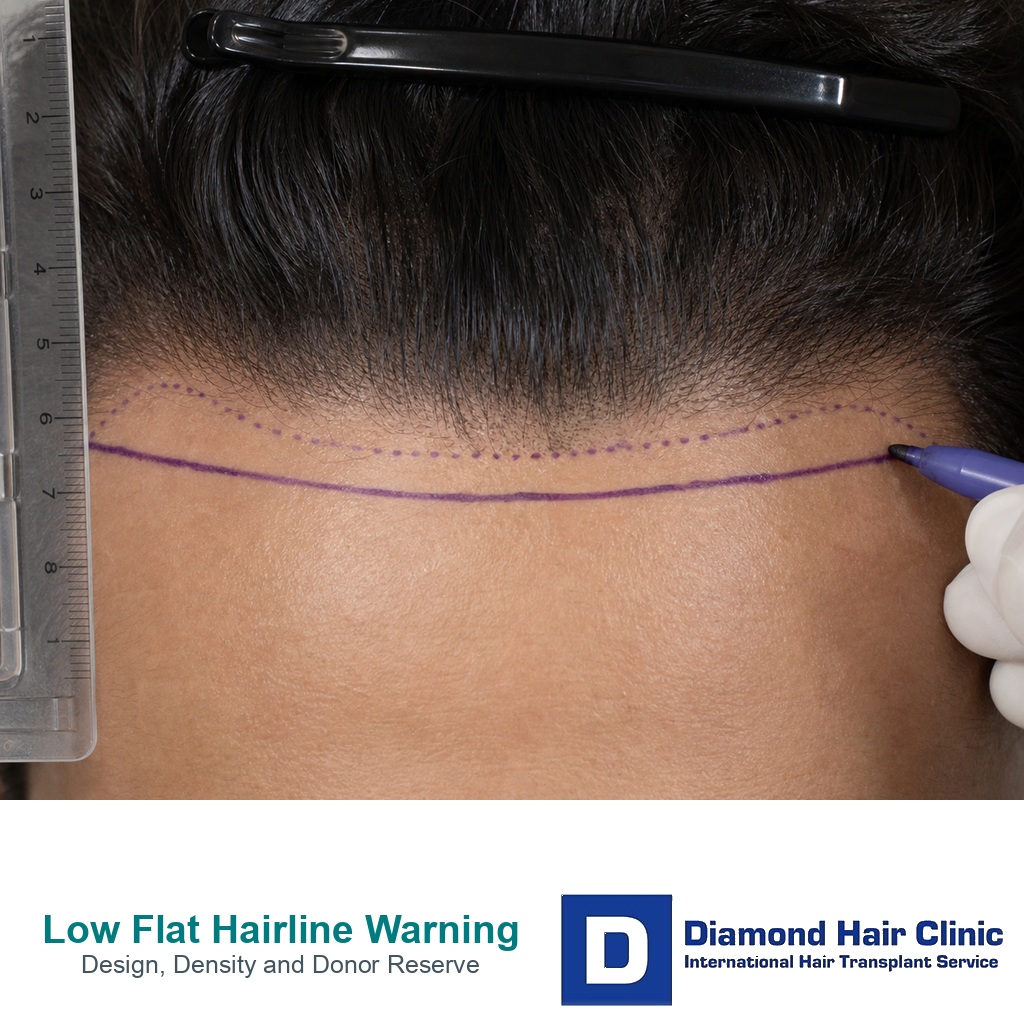 Anonymized low flat hairline marker showing hair and scalp contrast before transplant planning