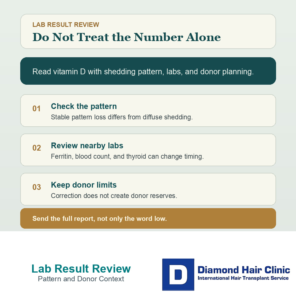 Lab review card for low vitamin D before hair transplant