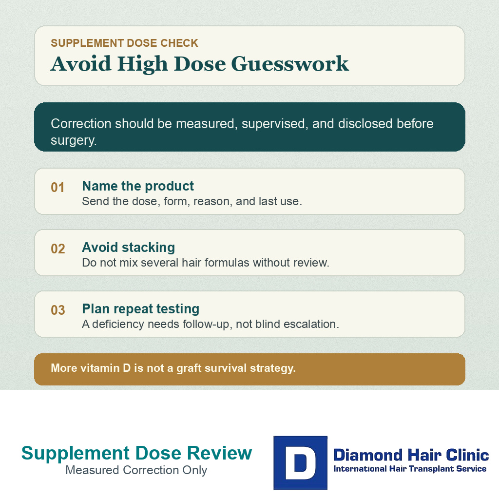 Supplement dose review card for vitamin D before hair transplant