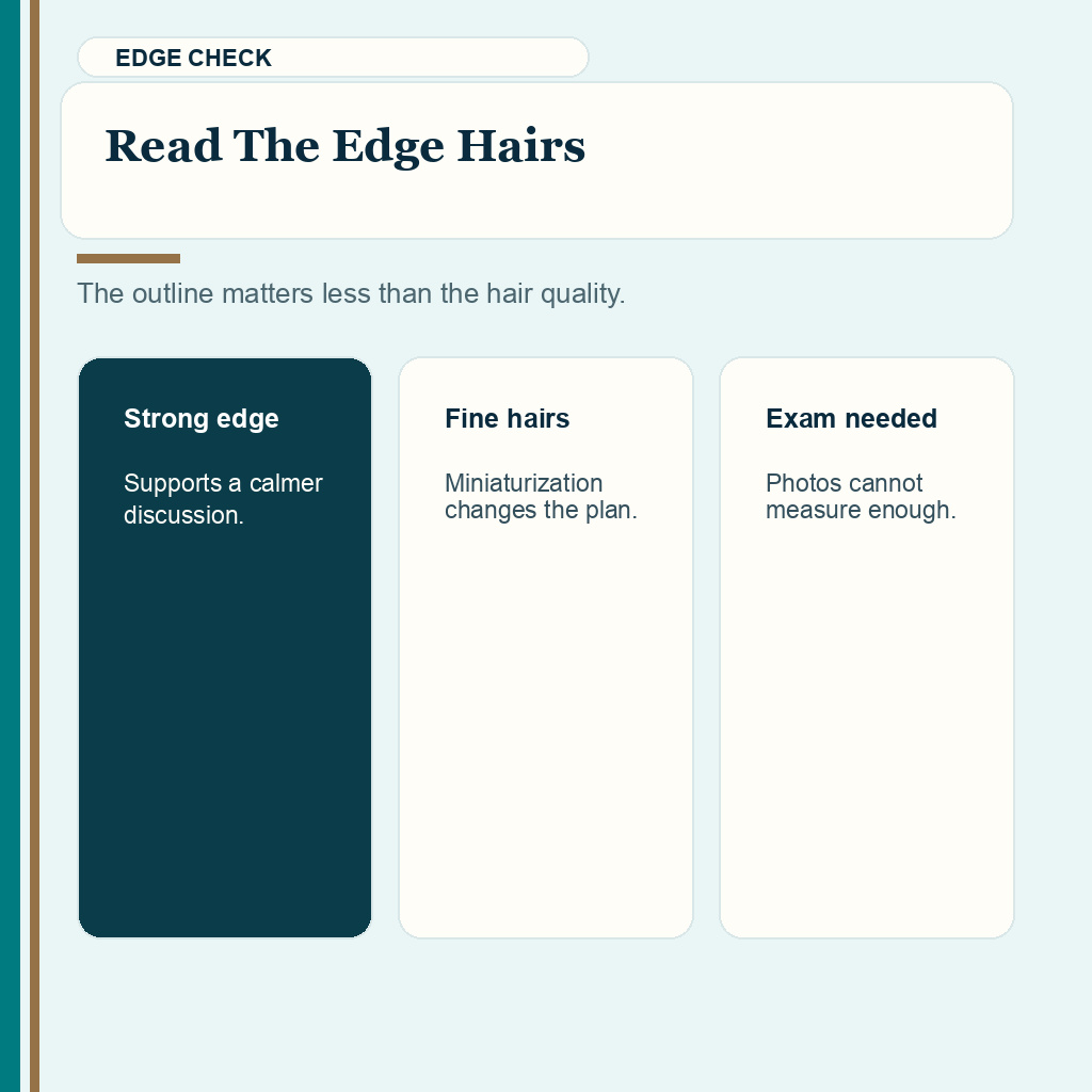 Mature hairline versus receding hairline slide 3 explaining read the edge hairs before FUE planning