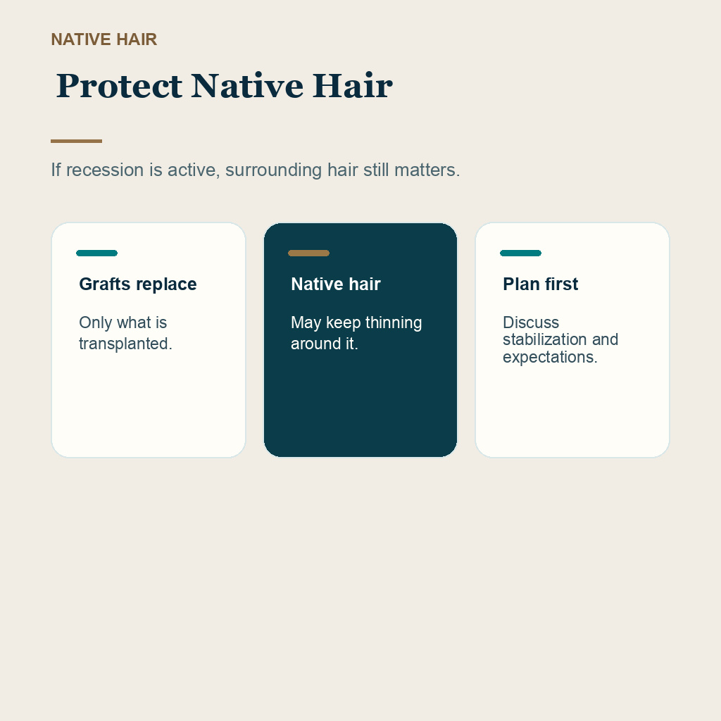 Mature hairline versus receding hairline slide 9 explaining protect native hair before FUE planning