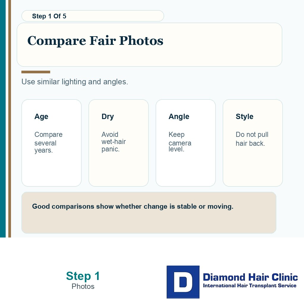 Carousel slide about comparing old hairline photos before FUE