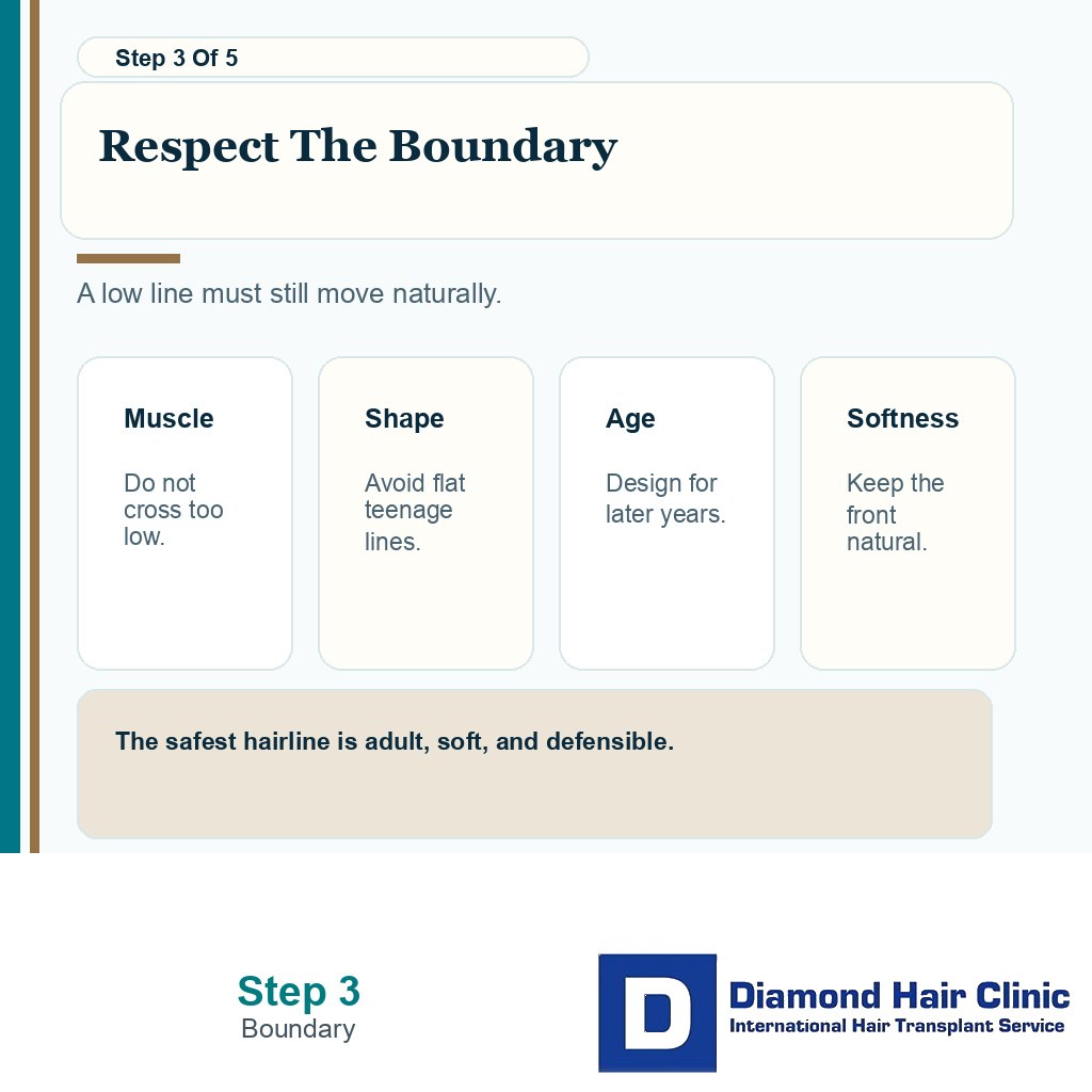 Carousel slide about respecting the forehead muscle boundary in hairline design