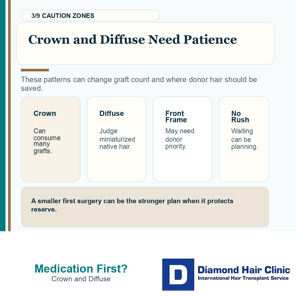 Medication before hair transplant planning carousel slide 3 explaining crown and diffuse caution