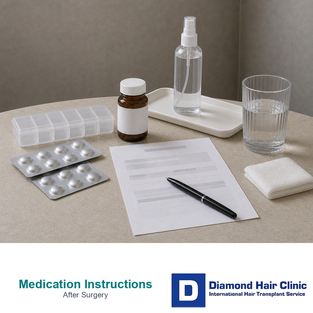 Unbranded aftercare medication tray with blank instruction sheet after hair transplant