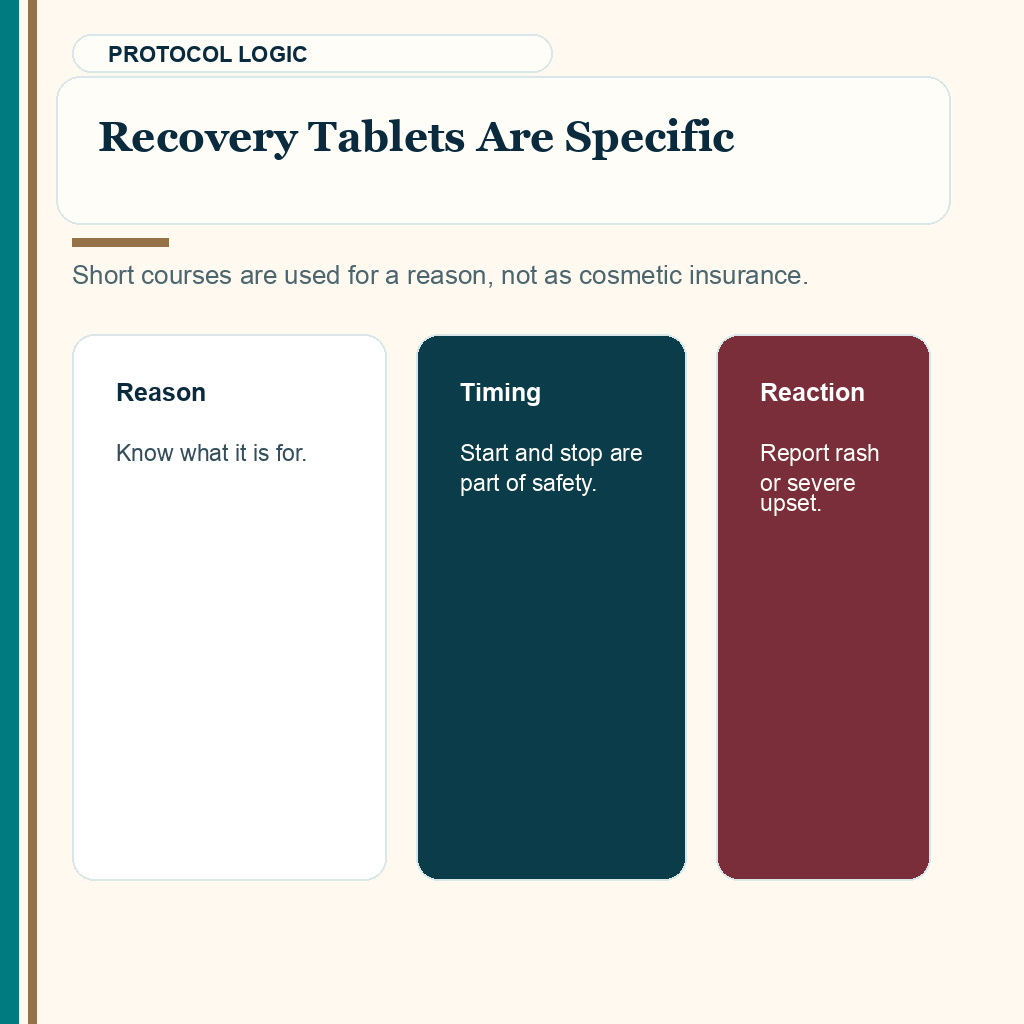 Medication safety slide 3 explaining recovery tablets after hair transplant need a reason dose timing and stop point