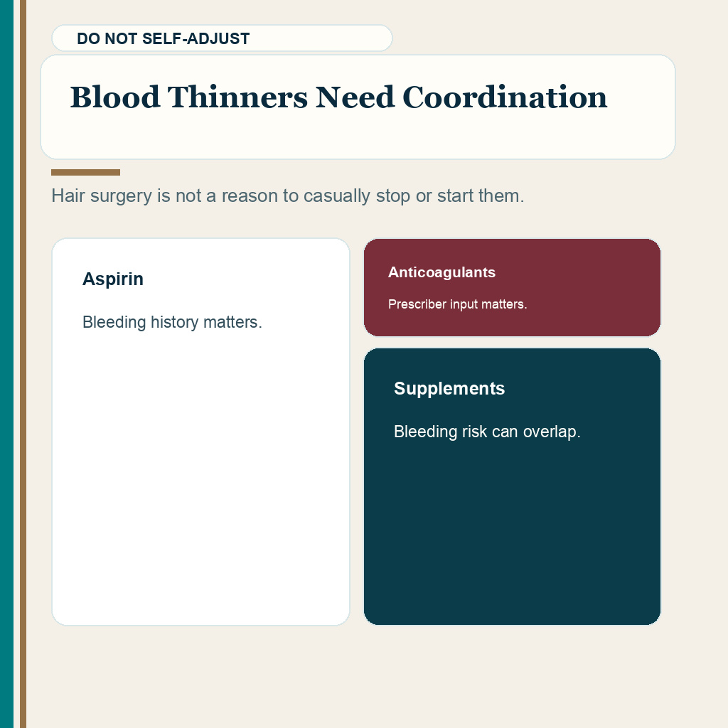 Medication safety slide 4 explaining blood thinners aspirin anticoagulants and antiplatelet medicines require coordination before hair transplant