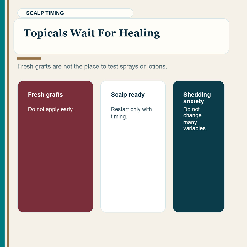 Medication safety slide 8 explaining minoxidil and topical medicines wait until scalp healing after hair transplant